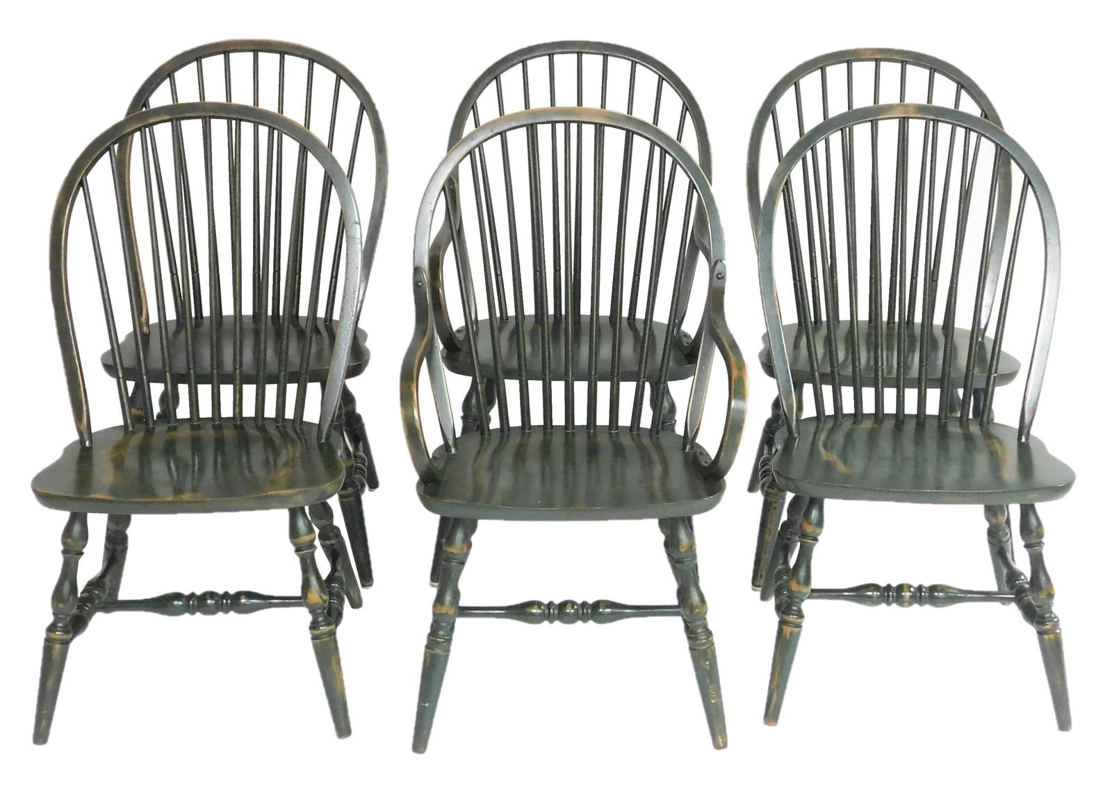 Six Windsor dining chairs, bow back, shaped seats, (1 of 2)