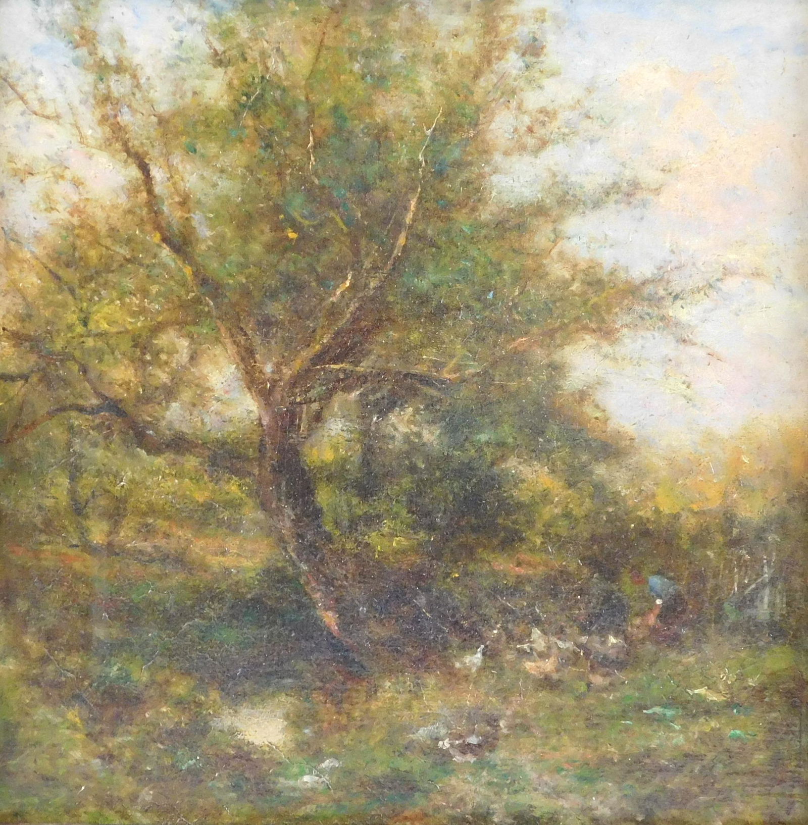 Untitled, Oil on board, depicts landscape, evening scene, with large tree and woman feeding chickens (1 of 2)