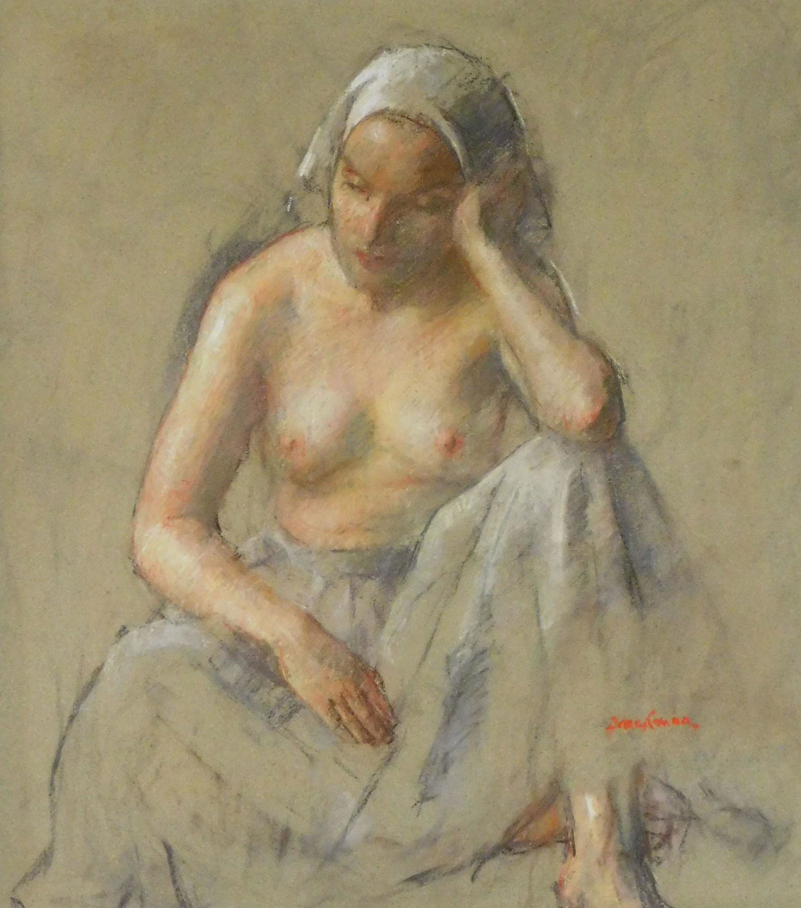 Robert Brackman (American, 1898-1980), Portrait of a Nude Woman, pastel on beige paper, signed in: Robert Brackman (American, 1898-1980), Portrait of a Nude Woman, pastel on beige paper, signed in red lower right, seated woman nude from waist up, pensively rests with head on hand, head covered with
