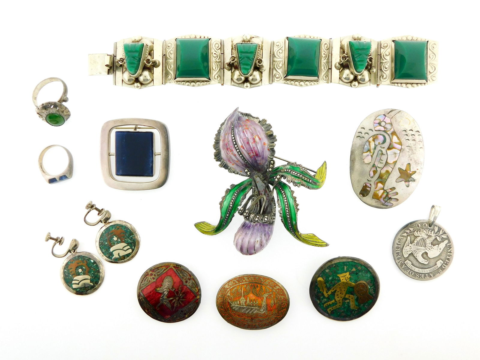 JEWELRY: Eleven pieces of sterling silver jewelry: five Mexican silver pins including one Mexican (1 of 3)