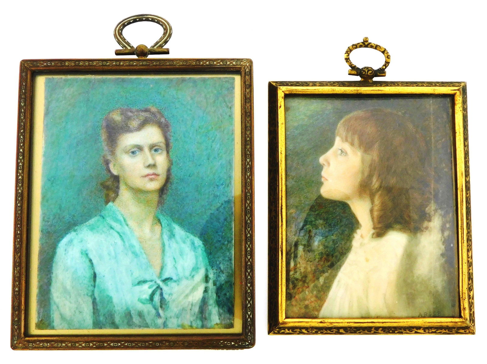 MINIATURES: Two hand-painted portraits of girl and woman on rectangular support, details include: (1 of 3)