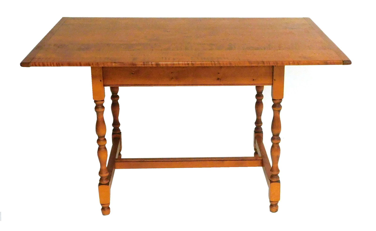 Warren Chair Works tiger maple tavern table, seven board top with breadboard ends on turned trestle (1 of 2)