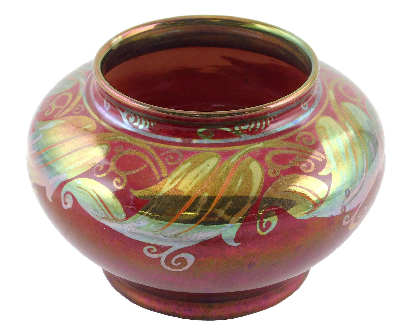 Pilkington pottery vase by William S. Mycock, c. 1906 - 1938, low vase with greenish-gold luster (1 of 3)