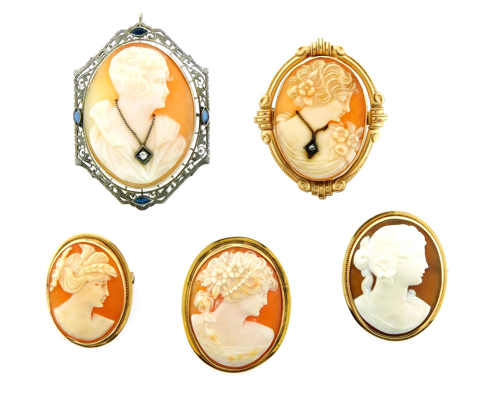 JEWELRY: Five gold cameos, three 14K and two 10K, all stamped and tested, details include: one "14K" (1 of 6)