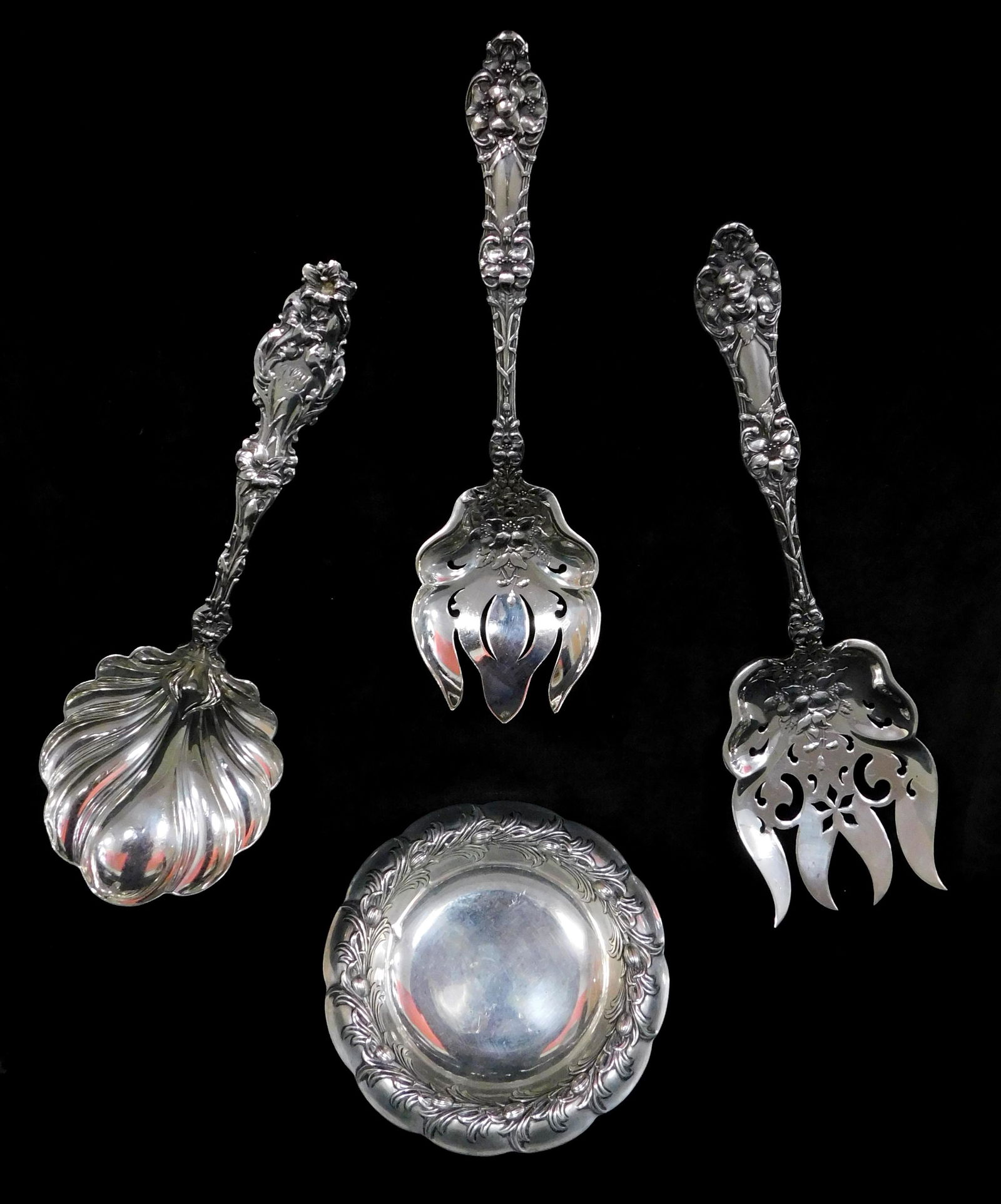 STERLING: Tiffany, Alvin, and Whiting, four pieces: small Tiffany dish, scalloped edges, 5" diam.; (1 of 7)