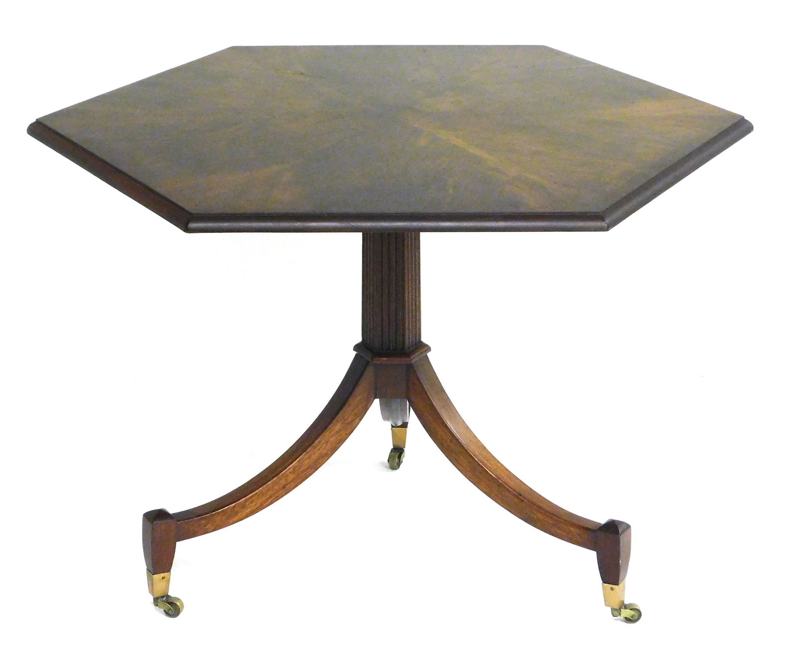 Beacon Hill Federal style pedestal table with octagonal top, reeded standard over three saber legs (1 of 3)