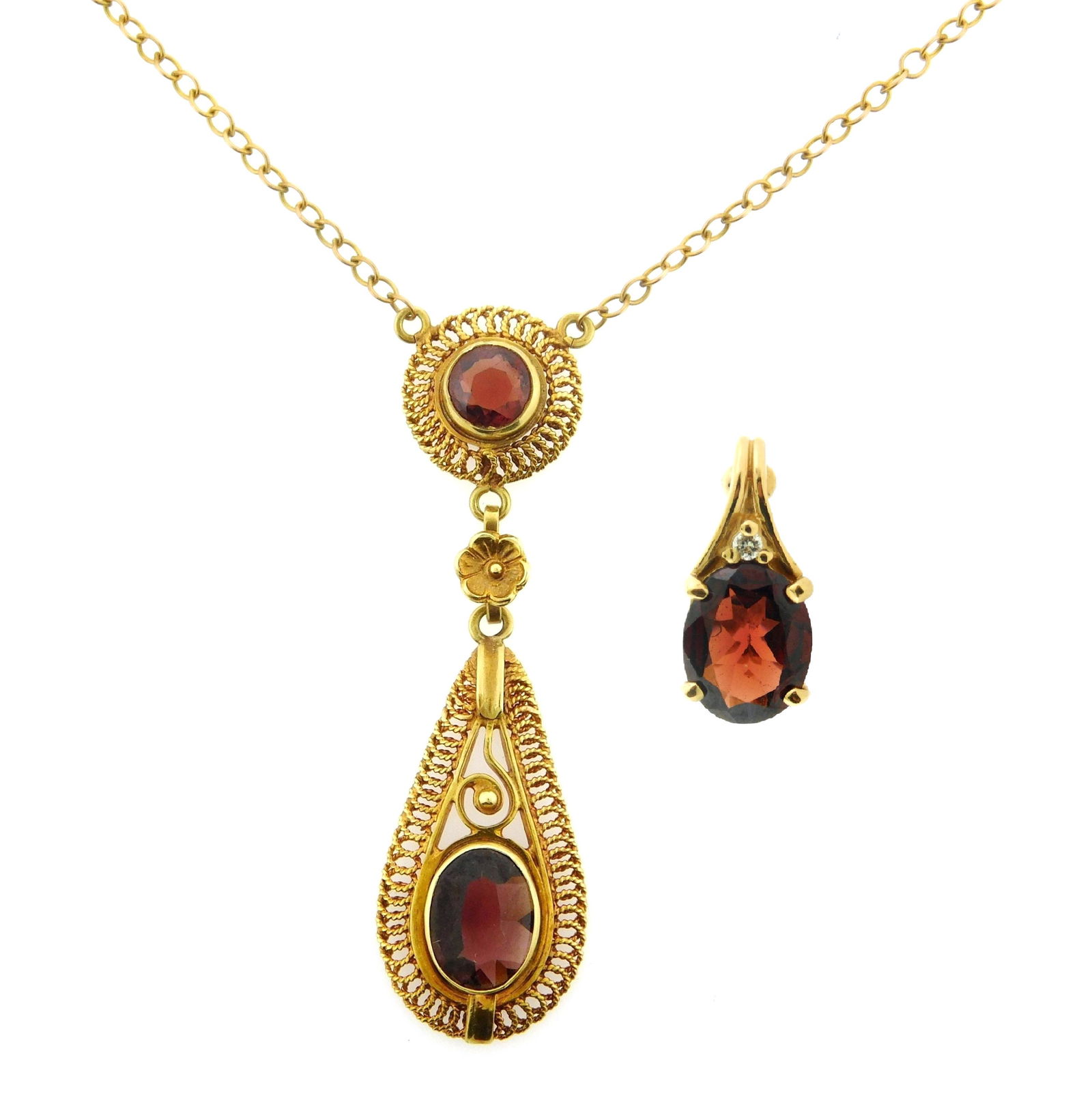 JEWELRY: 18K Garnet necklace and 14K garnet enhancer, tested 18K yellow gold drop pendant/necklace, (1 of 4)
