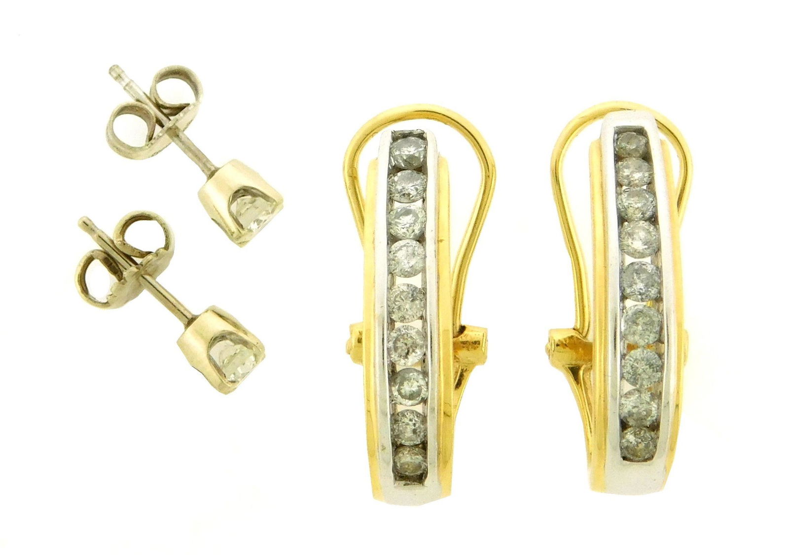 JEWELRY: Two pairs diamond earrings: "J" Hoop earrings with omega post backs, stamped and tested (1 of 3)