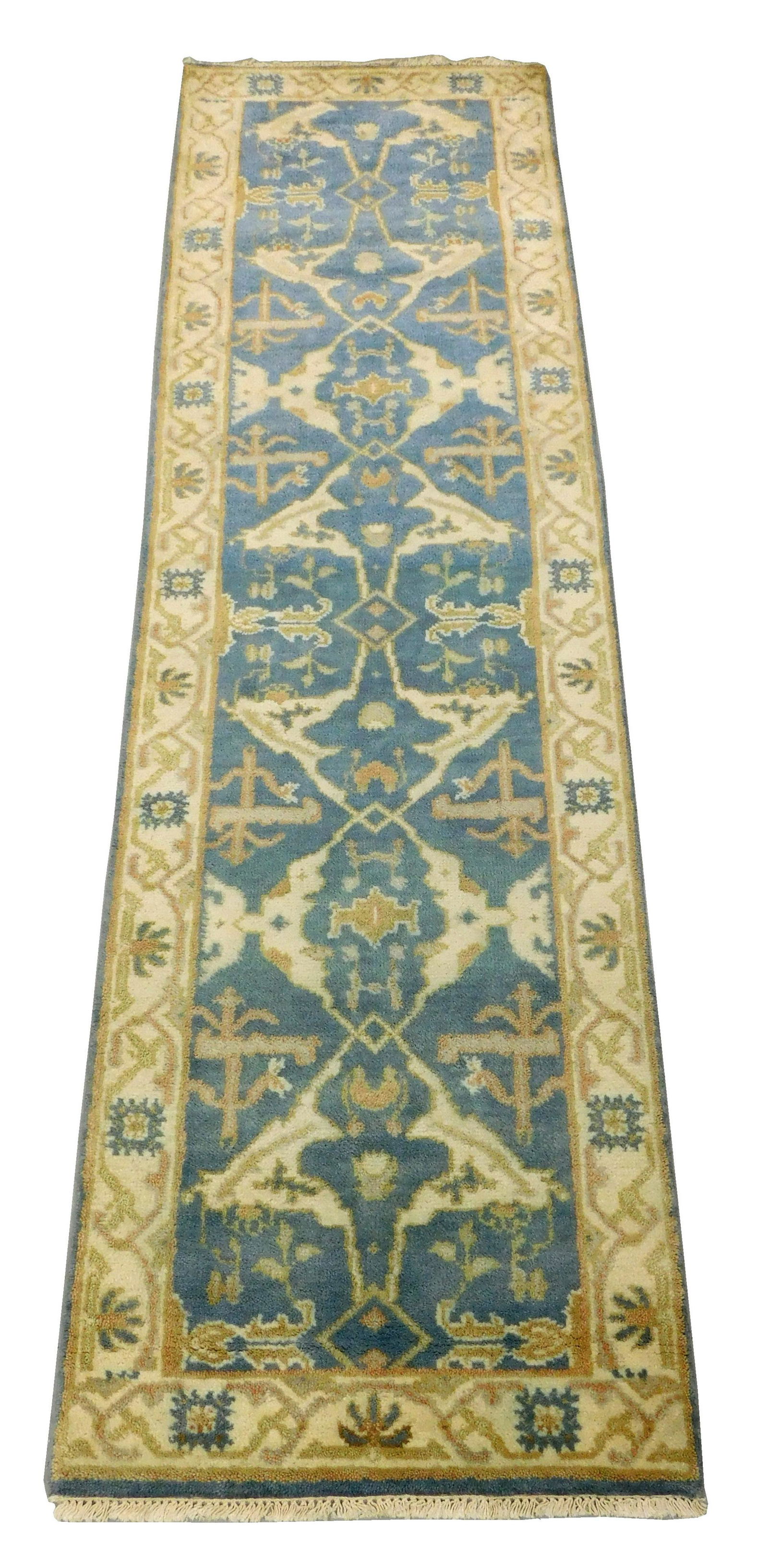 RUG: Turkish Oushak, 2'8" x 9'10", handmade, 100% wool, light blue field, cream border, accents of (1 of 3)