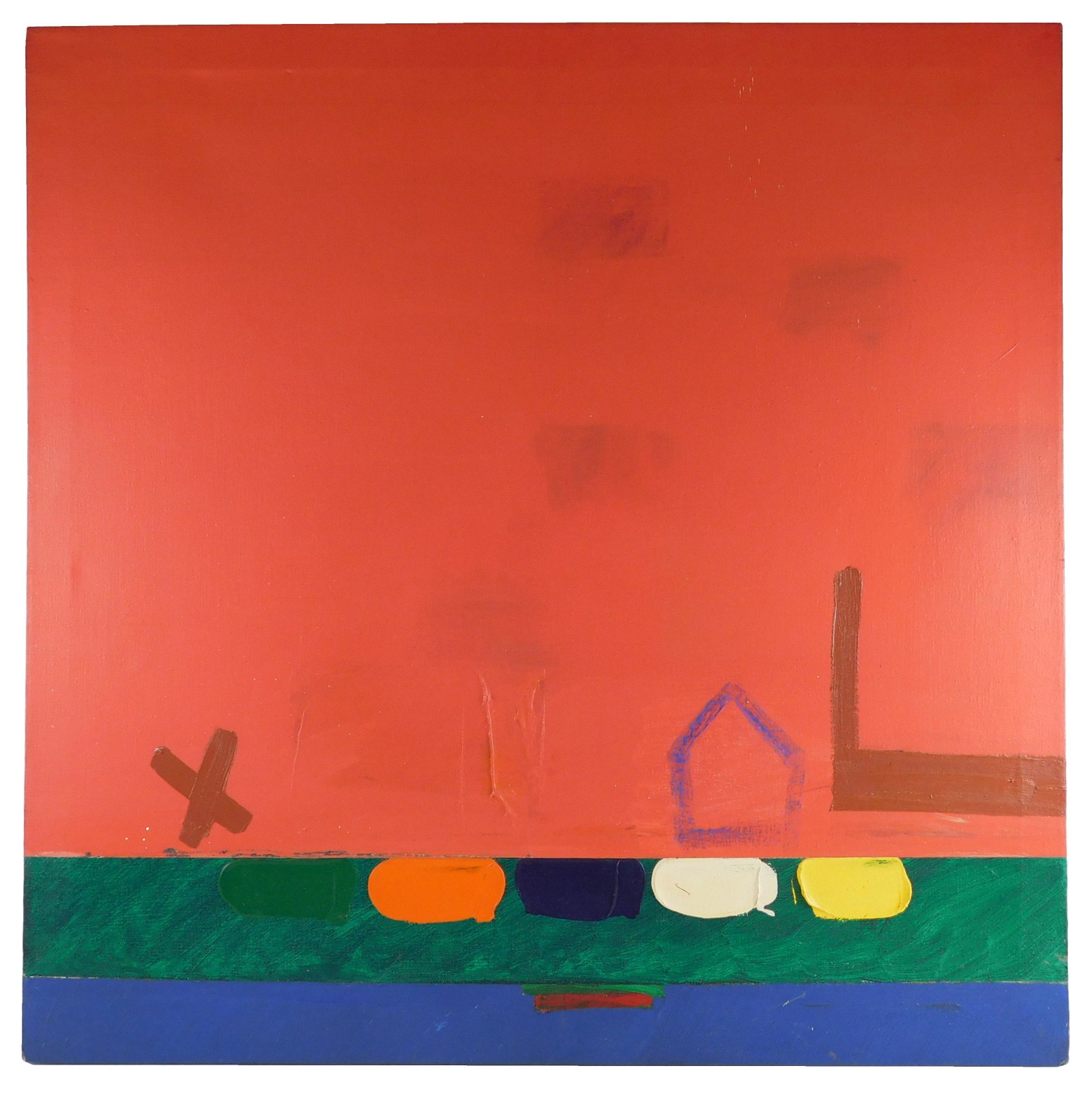 Gary Shaffer (American, 1936-2001), oil on linen, abstracted composition resembling landscape with: Gary Shaffer (American, 1936-2001), oil on linen, abstracted composition resembling landscape with green and blue fields at lower edge, thickly painted oblong shapes in front of a pentagon house shape