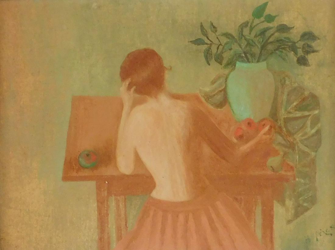 20th C. oil on beeswax coated canvas, a woman in only a pleated skirt sits at a table with her back: 20th C. oil on beeswax coated canvas, a woman in only a pleated skirt sits at a table with her back to viewer, she holds her head in one hand and handles red apples with the other, a large vase of gre