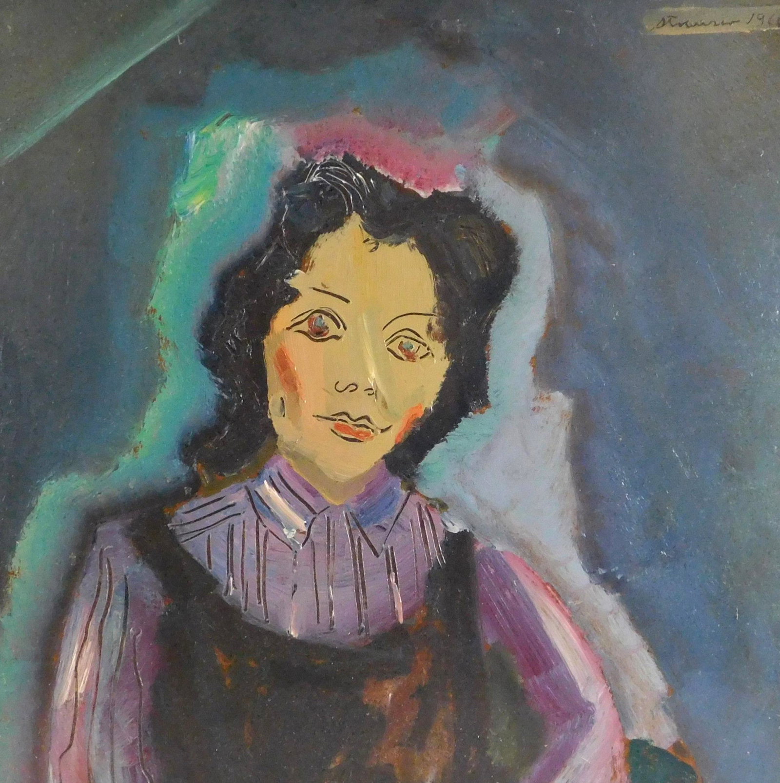 Sterling Strauser (American, 1907-1995), oil on panel, portrait of a woman with black hair wearing: Sterling Strauser (American, 1907-1995), oil on panel, portrait of a woman with black hair wearing purple collared shirt under a dark vest, facial and shirt details carved into thick layers of paint, 