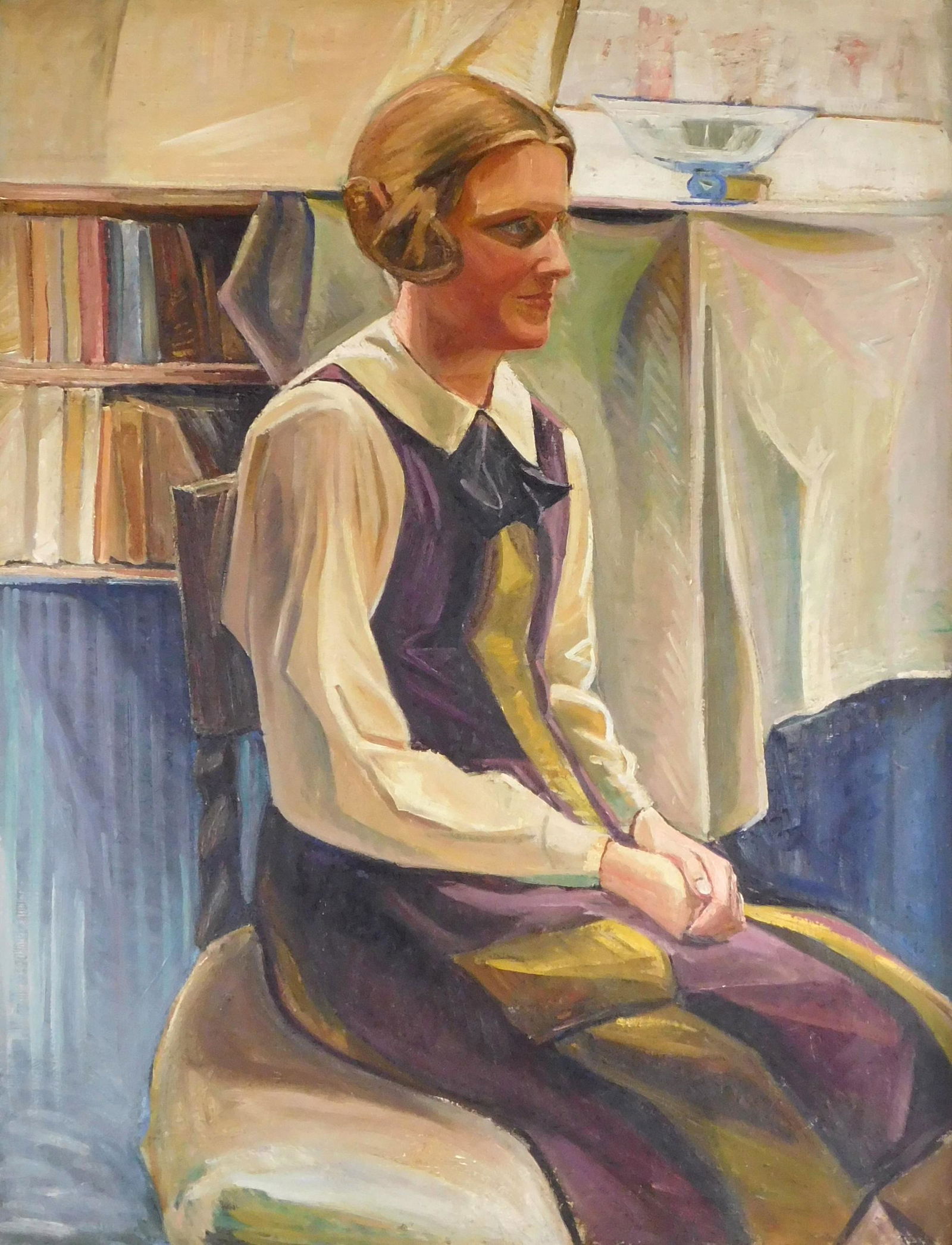 +Holger H. Hansen (Swedish 1890 - 1919) "A Young Norwegian Girl" 1917-1919, oil on canvas, a woman: +Holger H. Hansen (Swedish 1890 - 1919) "A Young Norwegian Girl" 1917-1919, oil on canvas, a woman is seated next to a bookshelf and table with compote, she wears a long sleeve white shirt under purpl