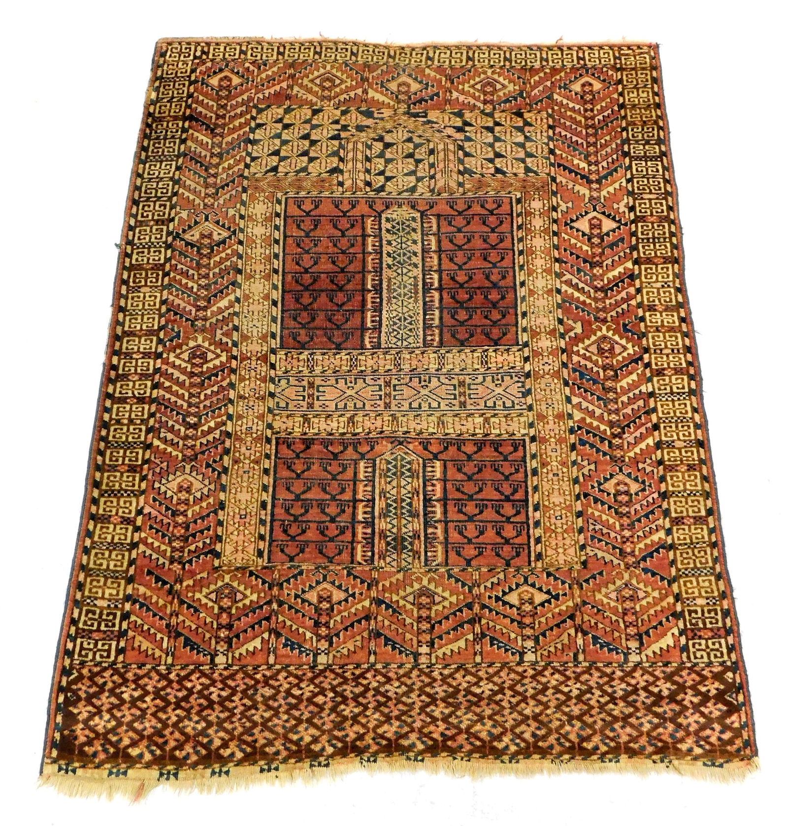 RUG: Antique Bokhara prayer rug, 3' 7" x 4' 10", handmade, wool on wool, rust, blue, and cream, (1 of 3)