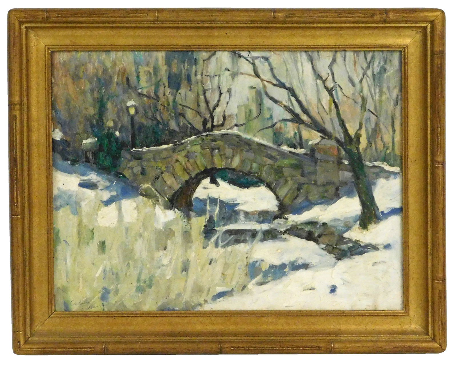 Oil on board, Impressionistic snow scene of Central Park, depicting Gapstow arched stone bridge, (1 of 3)