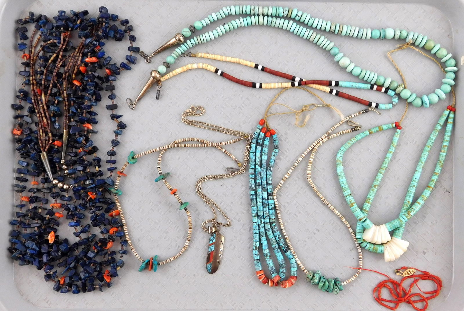 Nine necklaces, most beaded, stones include turquoise, agate, banded agate, etc., details include: (1 of 3)