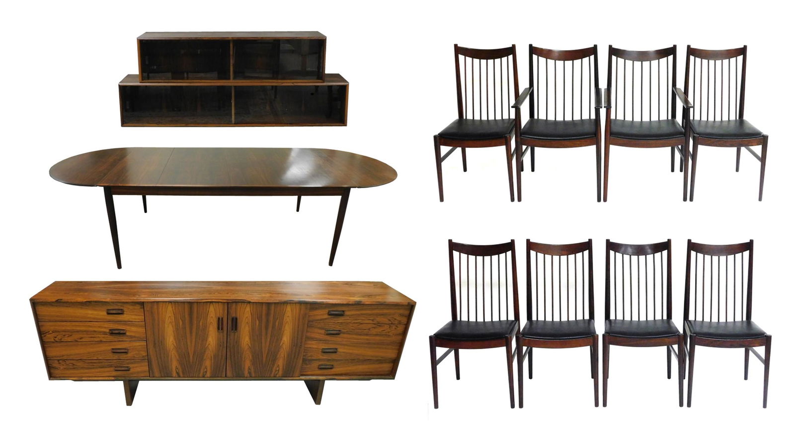 Arne Vodder for Sibast rosewood dining room suite: dropleaf table with two 19 1/2" inset leaves, one: Arne Vodder for Sibast rosewood dining room suite: dropleaf table with two 19 1/2" inset leaves, one with 4" loss to edge, smallest overall dimension (without leaves up or in): 28" h. x 41 1/2" w. x 3