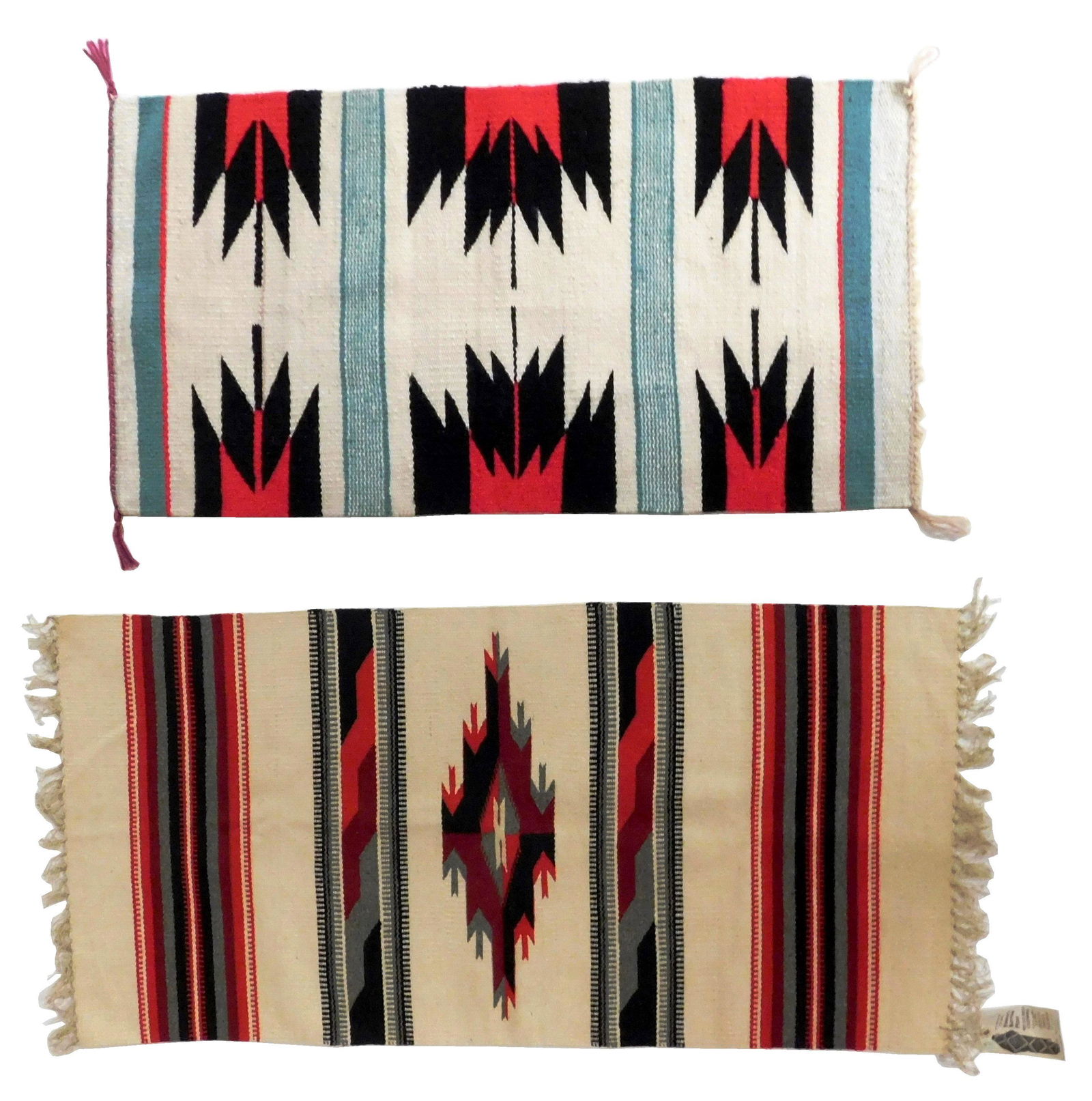 Two 20th C. southwest style weavings: the first, a hand woven Chimayo blanket, white field with (1 of 4)