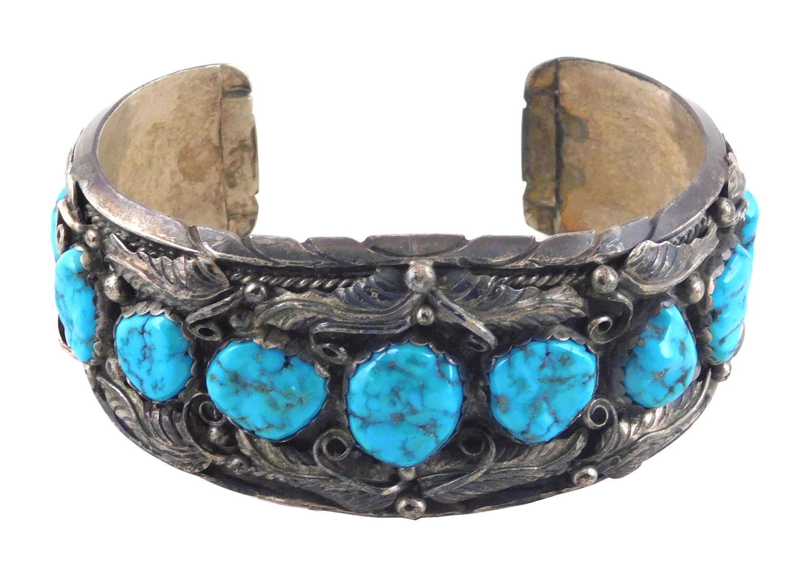 Ornate feather design cuff bracelet, sterling silver, hallmarked "BOB" to interior, inset with nine (1 of 3)