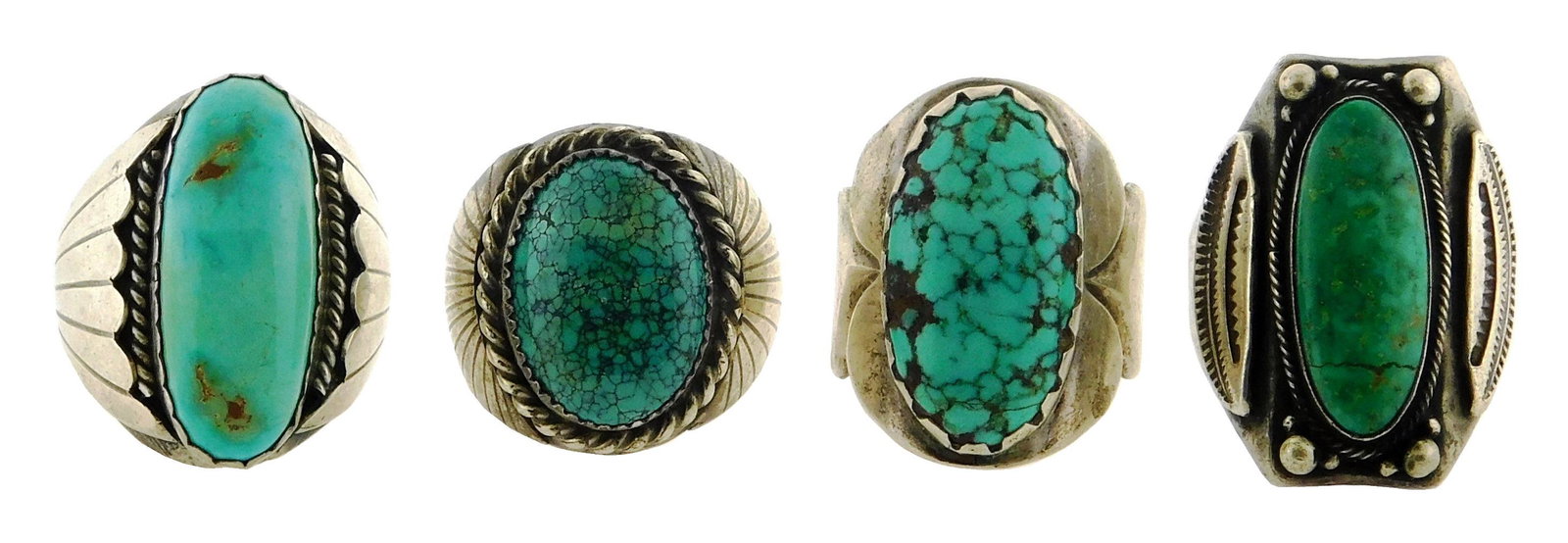 Four Southwestern solitaire style silver rings set with greenish turquoise, details include: one (1 of 3)