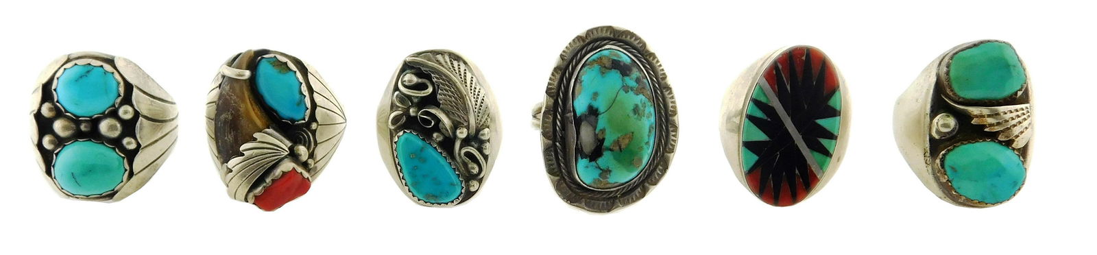 Six Southwestern style silver rings with inlaid turquoise, all tested silver, details include: one (1 of 3)