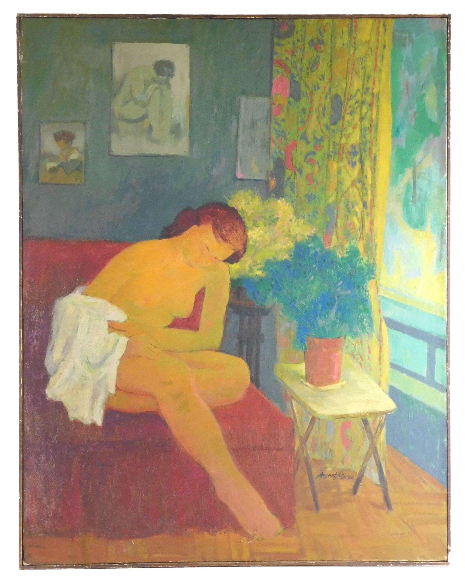 August Mosca (American/Italy, 1907-2003), oil on canvas, "Studio Corner", nude woman sits on a red: August Mosca (American/Italy, 1907-2003), oil on canvas, "Studio Corner", nude woman sits on a red couch holding white cloth, she leans forward as if to get up, a plant sits next to a window with colo