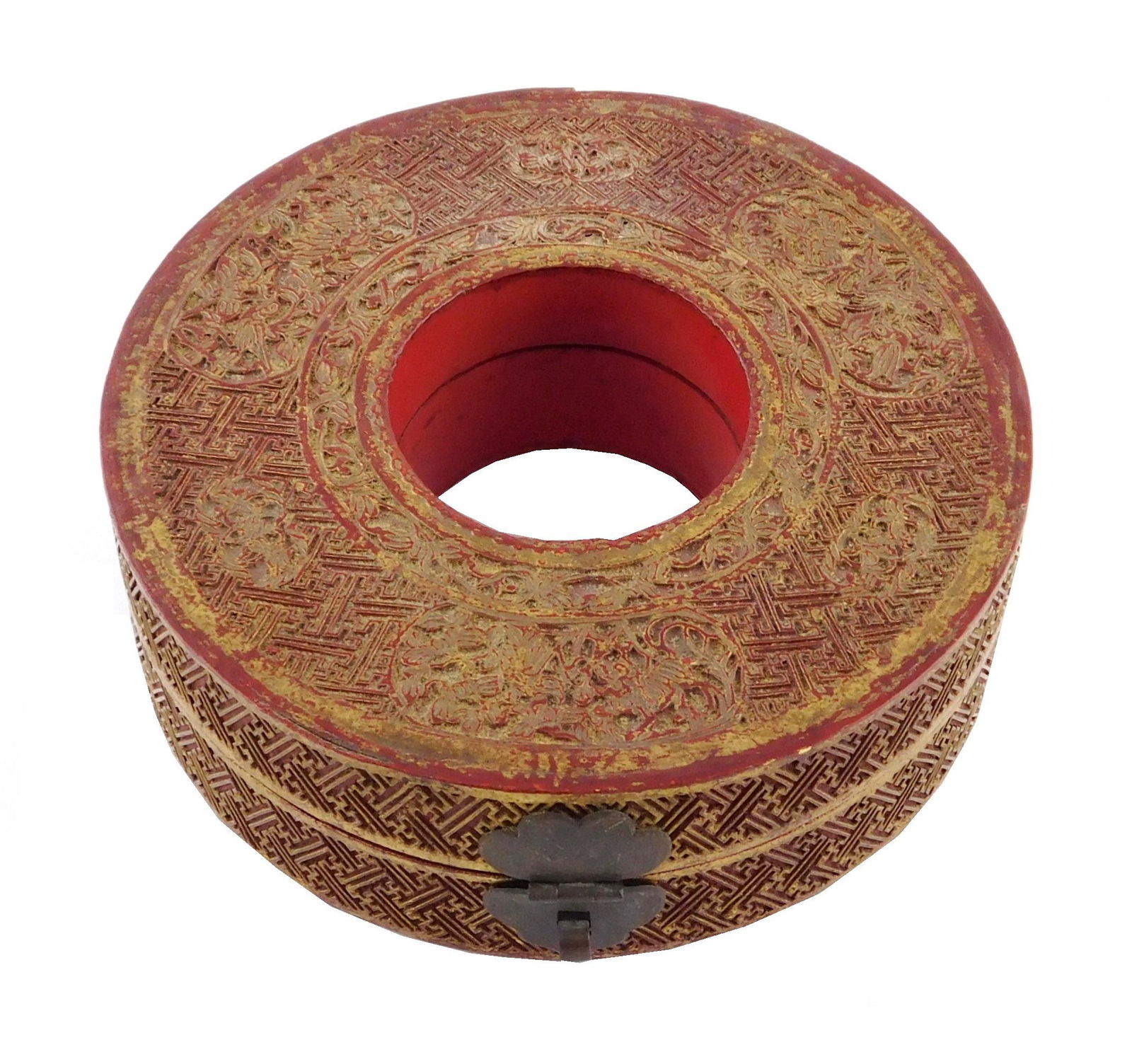 Asian: Chinese chaozhu (court necklace) box, Qing Dynasty or later, red and gilt leather, circular (1 of 3)
