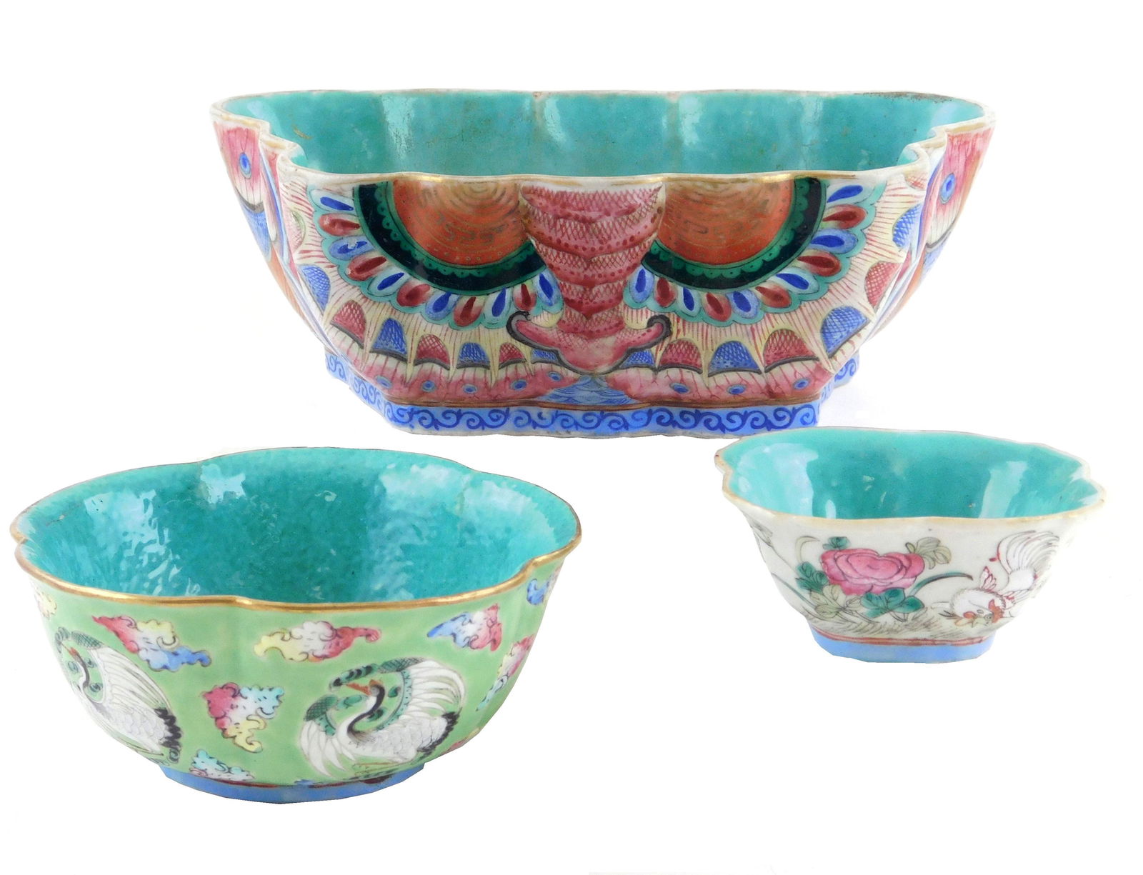 ASIAN: Three Chinese porcelain bowls, Qing Dynasty or later, all with teal glazed interiors and (1 of 5)
