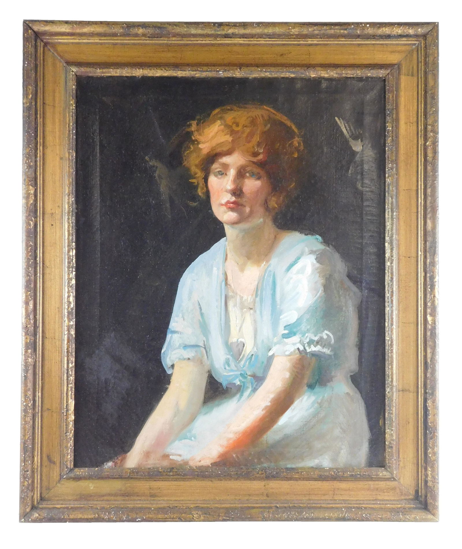 Untitled, oil on canvas, three-quarter length portrait of a young woman, with upswept auburn hair, (1 of 4)