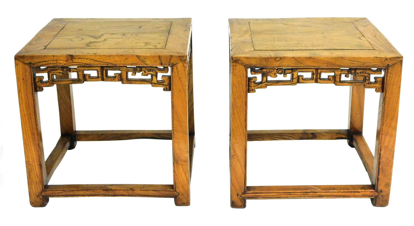 ASIAN: Two Chinese Stools, low wooden stools with pierced skirt, distressed square top over (1 of 2)