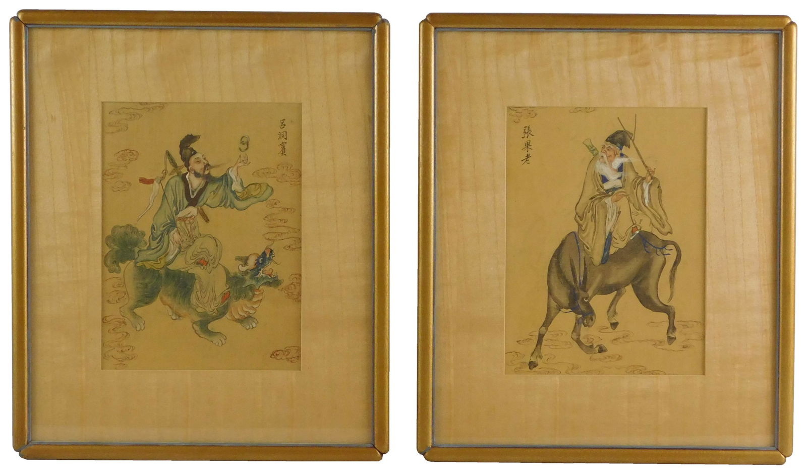 ASIAN: Pair of 20th C. Chinese watercolor and ink images, depicting Lu Tung Pin and Chang Kuo Lao,: ASIAN: Pair of 20th C. Chinese watercolor and ink images, depicting Lu Tung Pin and Chang Kuo Lao, two of the eight immortals of Chinese Taoism, Lu is riding a dragon, Chang is riding a donkey, both s