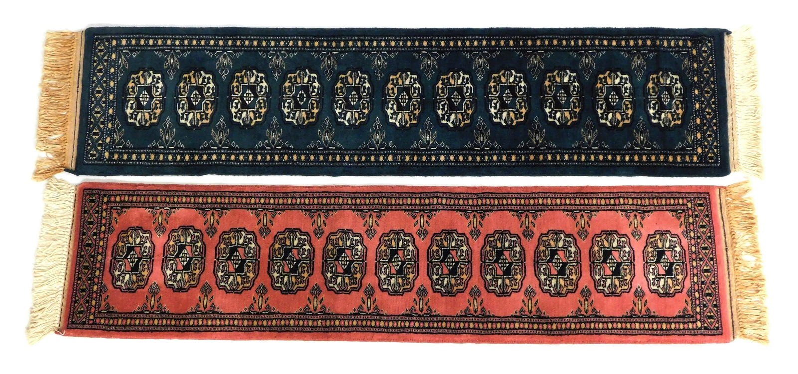 RUGS: Two modern Pakistan tekke bokhara table runners or dresser tops, both 13" x19", wool on (1 of 3)