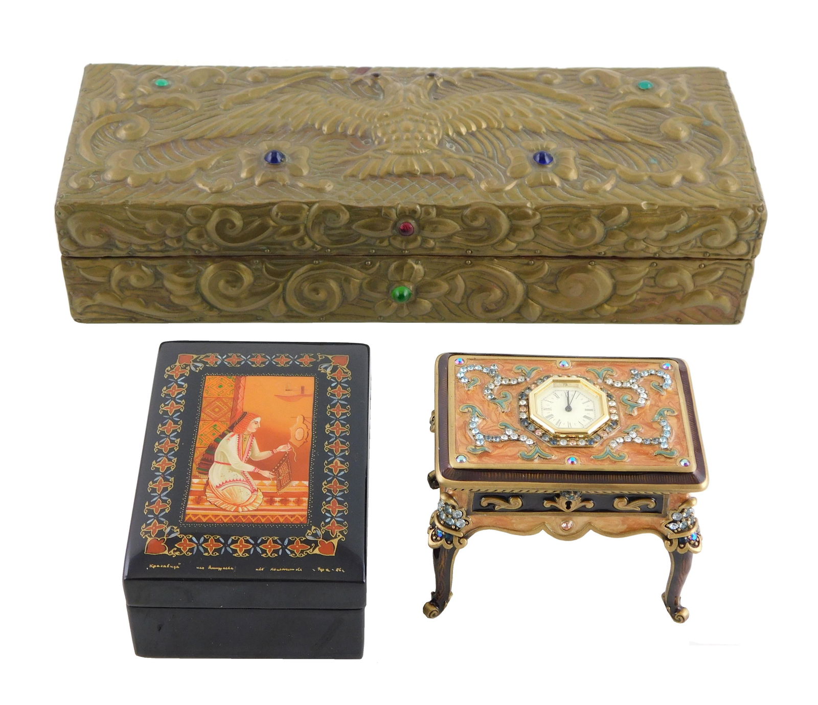 BOXES: Three pieces including a Jay Strongwater enameled box, Swarovski crystals, quartz clock in (1 of 2)