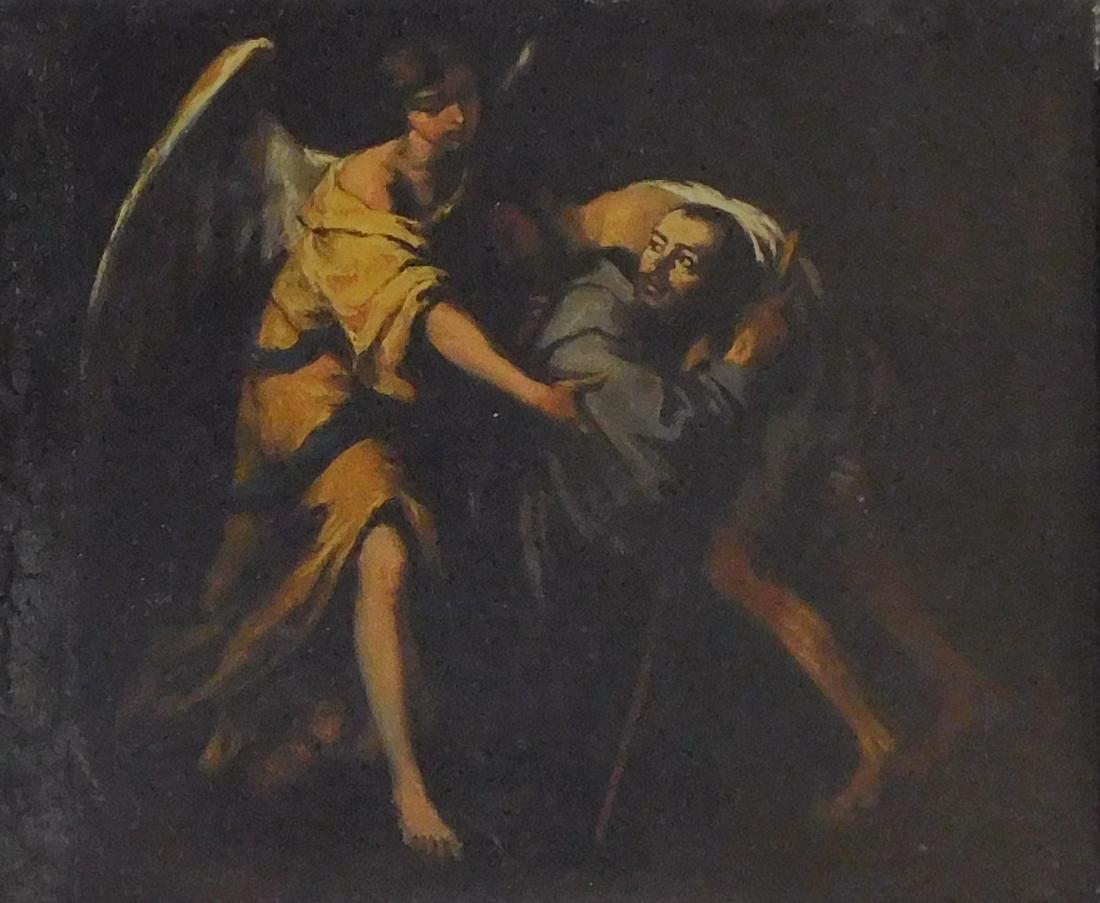 Late 18th / early 19th C. Biblical scene, in the manner of Caravaggio, oil on canvas, an angel gives (1 of 3)
