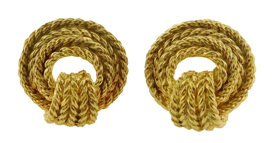JEWELRY: Pair of 14K yellow gold clip earrings, round, rope knot design earrings with clip backs, (1 of 2)