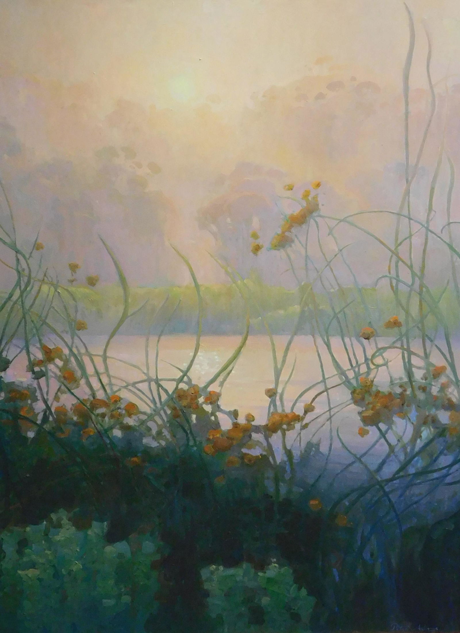 Peter Adams (American, b. 1950), "Waning Light over Buena Vista Lagoon", oil on board, tendrils of: Peter Adams (American, b. 1950), "Waning Light over Buena Vista Lagoon", oil on board, tendrils of river grass frame body of sky-reflecting water at center, analogous tones of pink and purple dominate