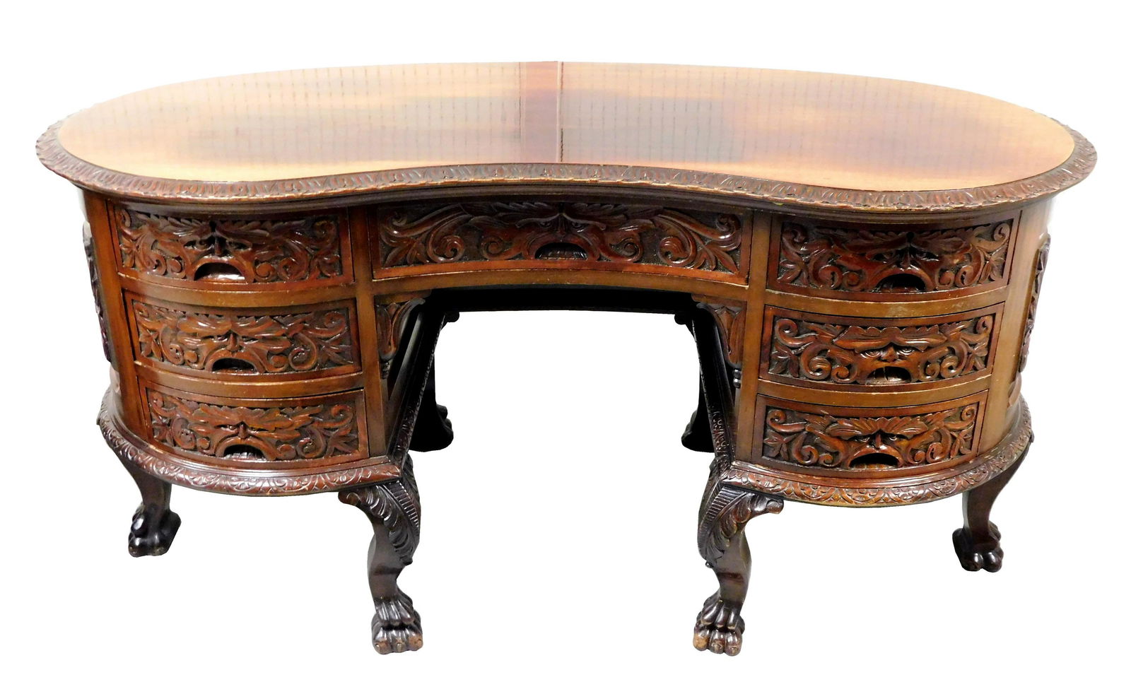 Elaborately carved Art Nouveau desk, c. 1900, mahogany, in the manner of R. J. Horner, kidney shaped (1 of 2)