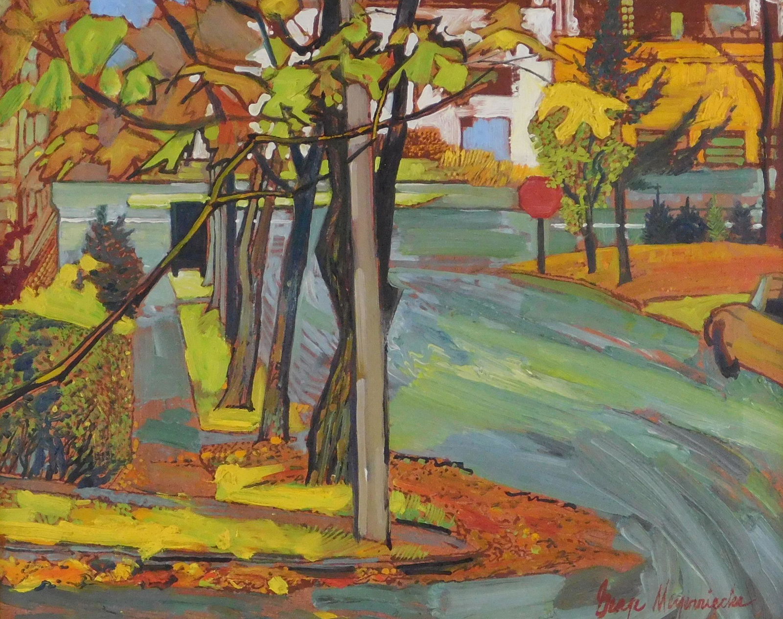 +George Meyerriecks, 20th C., oil on canvas, suburban landscape in fauvist palette, paint thickly (1 of 5)