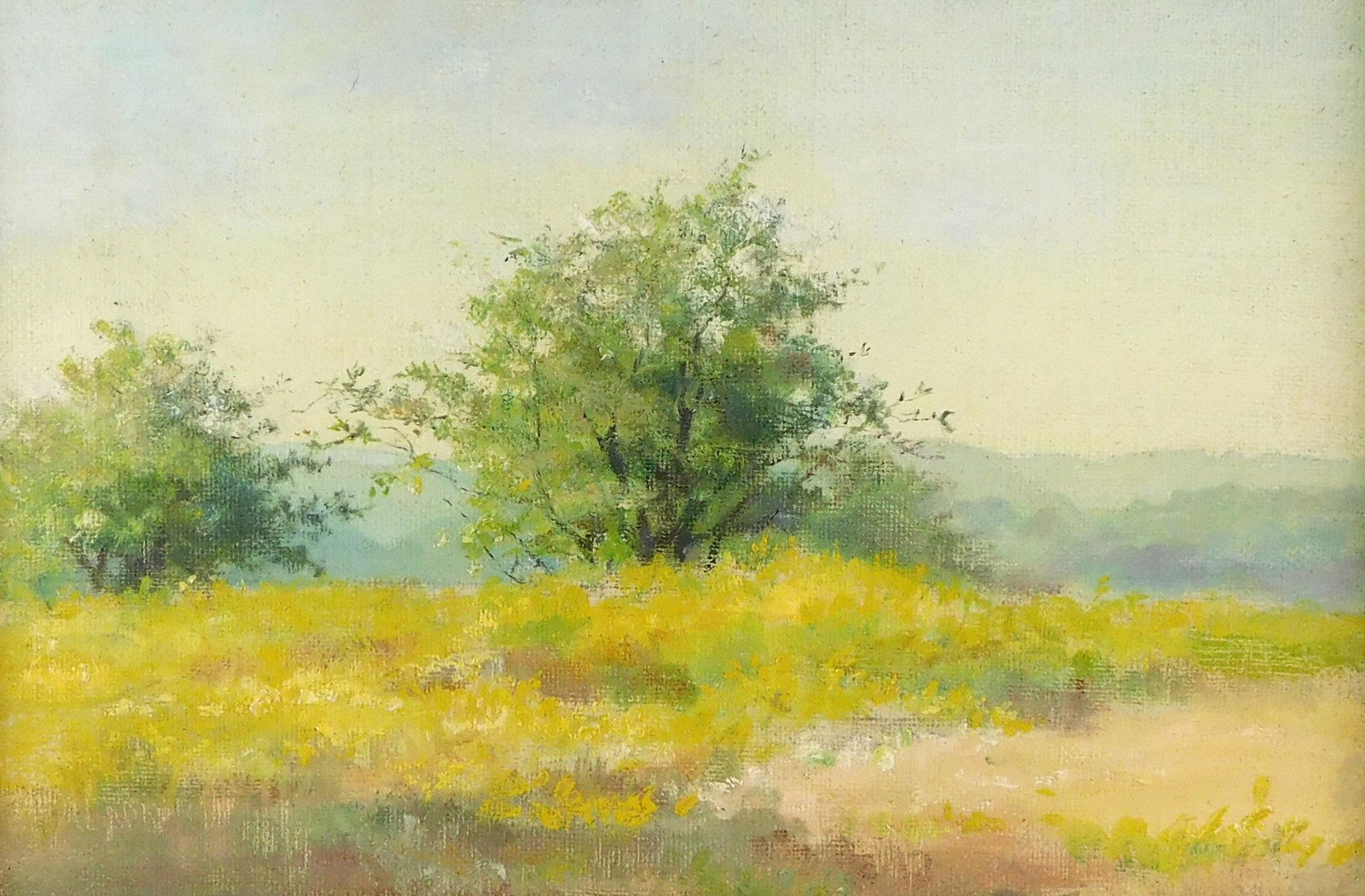 Attributed Fannie C. Burr (Connecticut, 1858 - 1931), oil on canvas, spring landscape with goldenrod (1 of 3)
