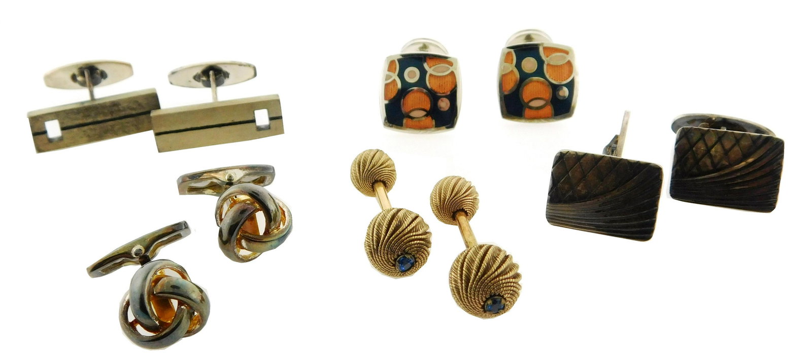 JEWELRY: Five pairs of cufflinks, details include: yellow gold-filled dumbbell design cufflinks each (1 of 3)