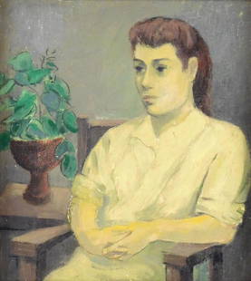 Attributed to August Mosca (Italian-American, 1905 - 2003) oil on canvas board, portrait of a seated: Attributed to August Mosca (Italian-American, 1905 - 2003) oil on canvas board, portrait of a seated women, reclining in a chair, a house plant beside her, muted tones of gray and tan, no signature vi