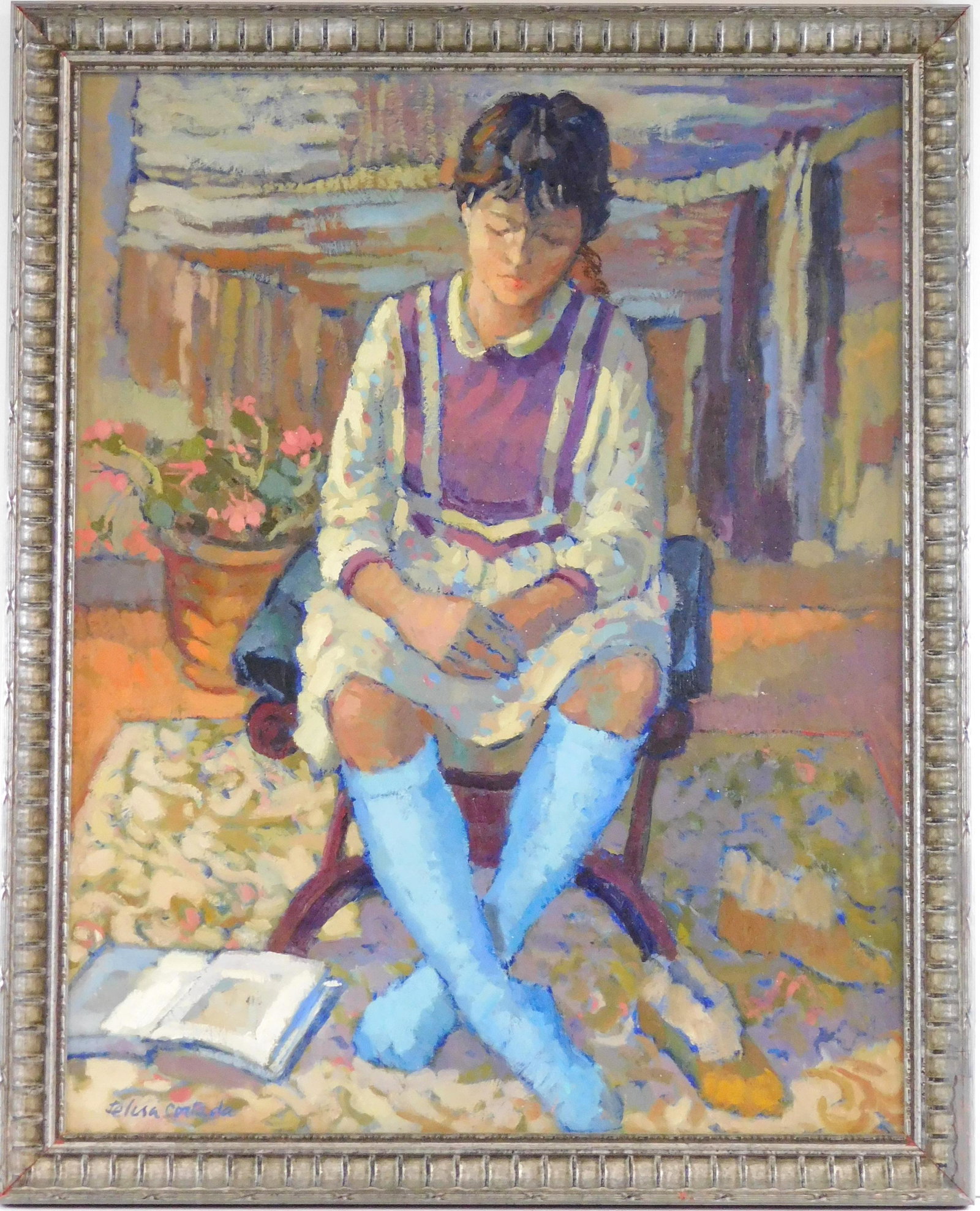 Felisa Cortada Martinez (Spanish, B. 1934), oil on canvas, young girl seated in interior, perhaps (1 of 3)