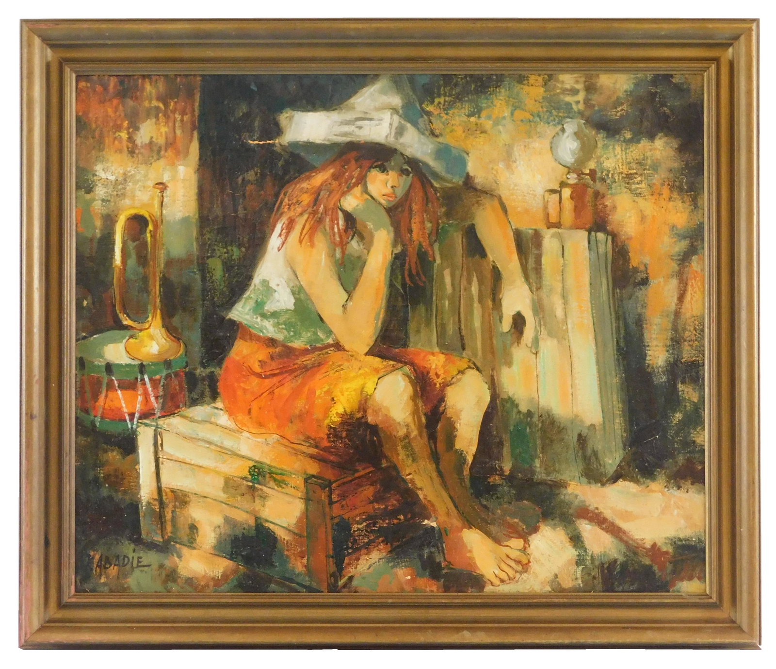 Jean Abadie (French, 1921 - 2010), oil on canvas, a barefoot girl with red hair and paper hat rests: Jean Abadie (French, 1921 - 2010), oil on canvas, a barefoot girl with red hair and paper hat rests seated on crate, a drum and trumpet can be viewed in the background, signed lower left, framed, wear