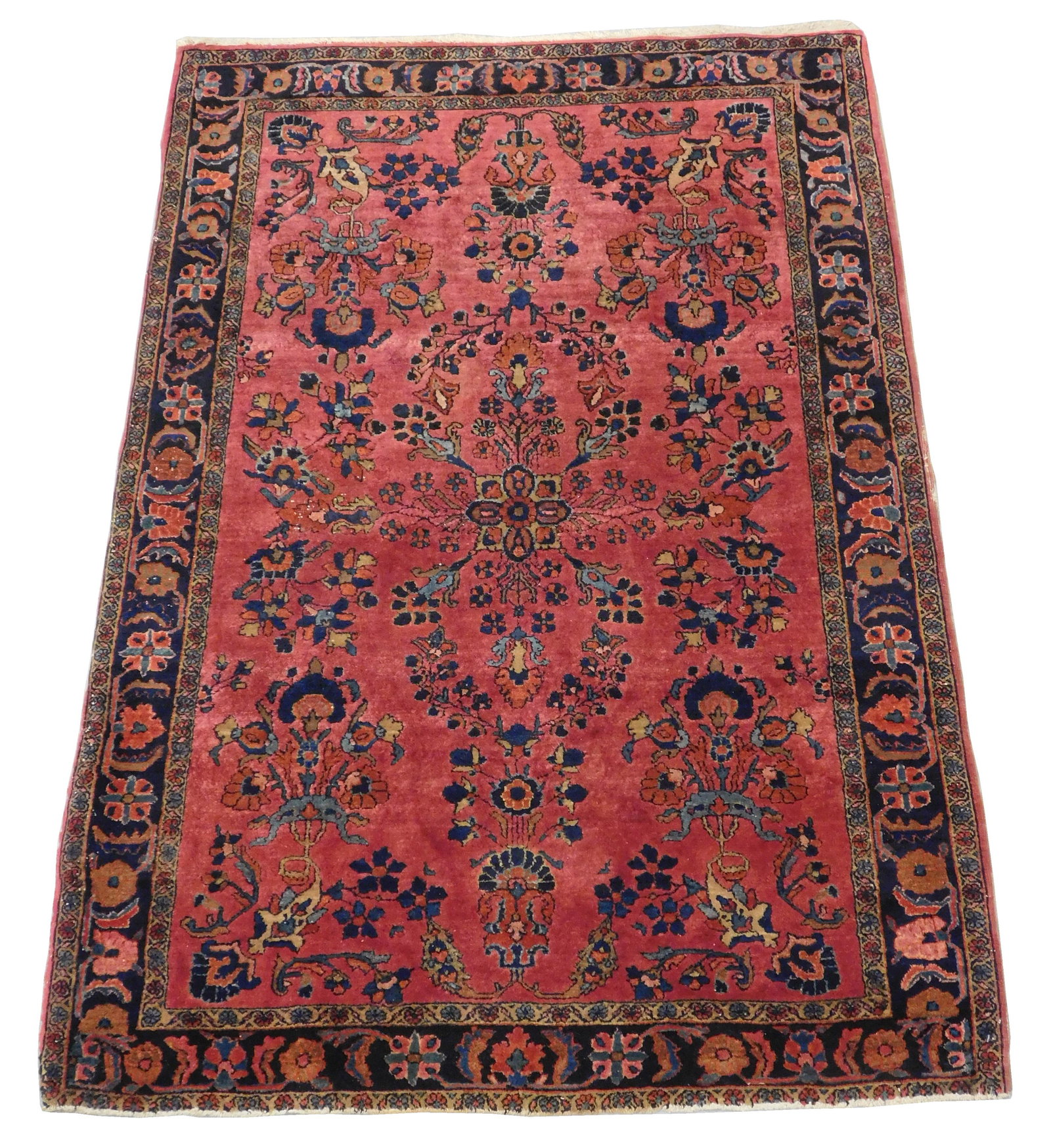 RUG: Antique Persian fine Sarouk, 3' 2" x 4' 9", hand-made, no fringe, wool, fuchsia field with (1 of 5)