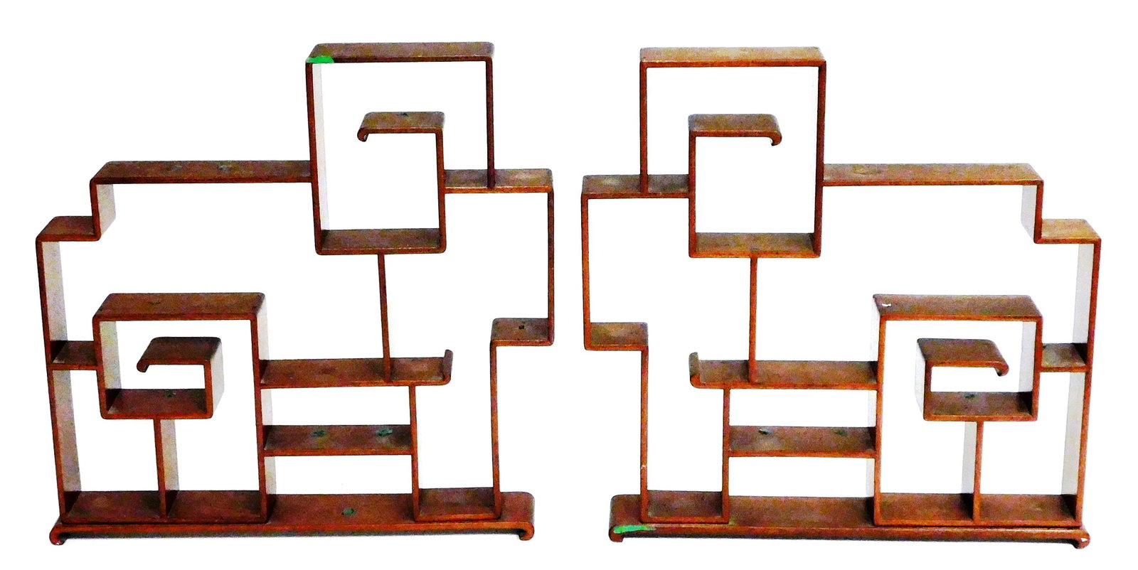 Pair of wooden Asian design wall shelves, 20th C., walnut finish, stacked cubicle design, scroll (1 of 2)