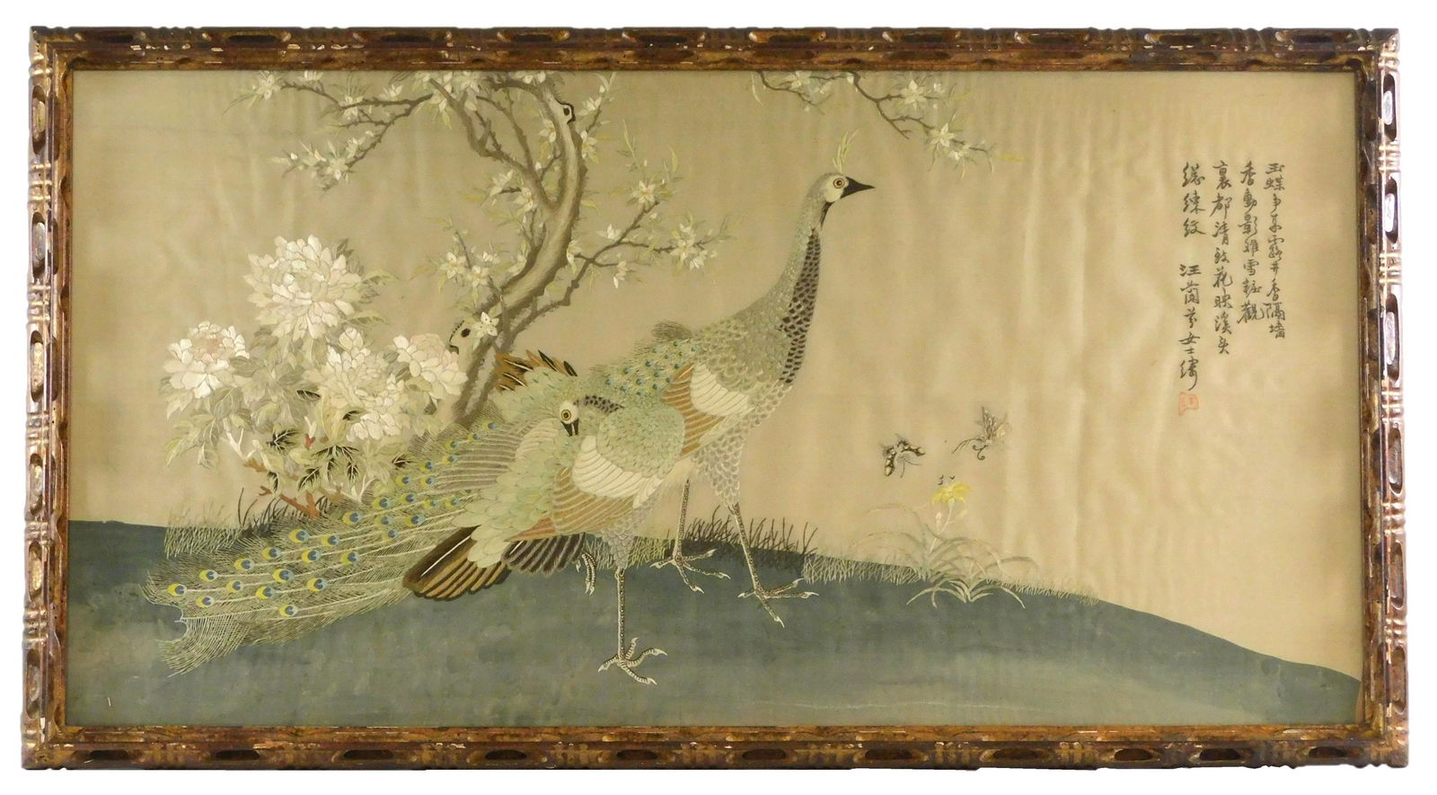 ASIAN: Embroidery and watercolor on silk, 20th C., two peacocks stand in front of a blossoming tree, (1 of 4)