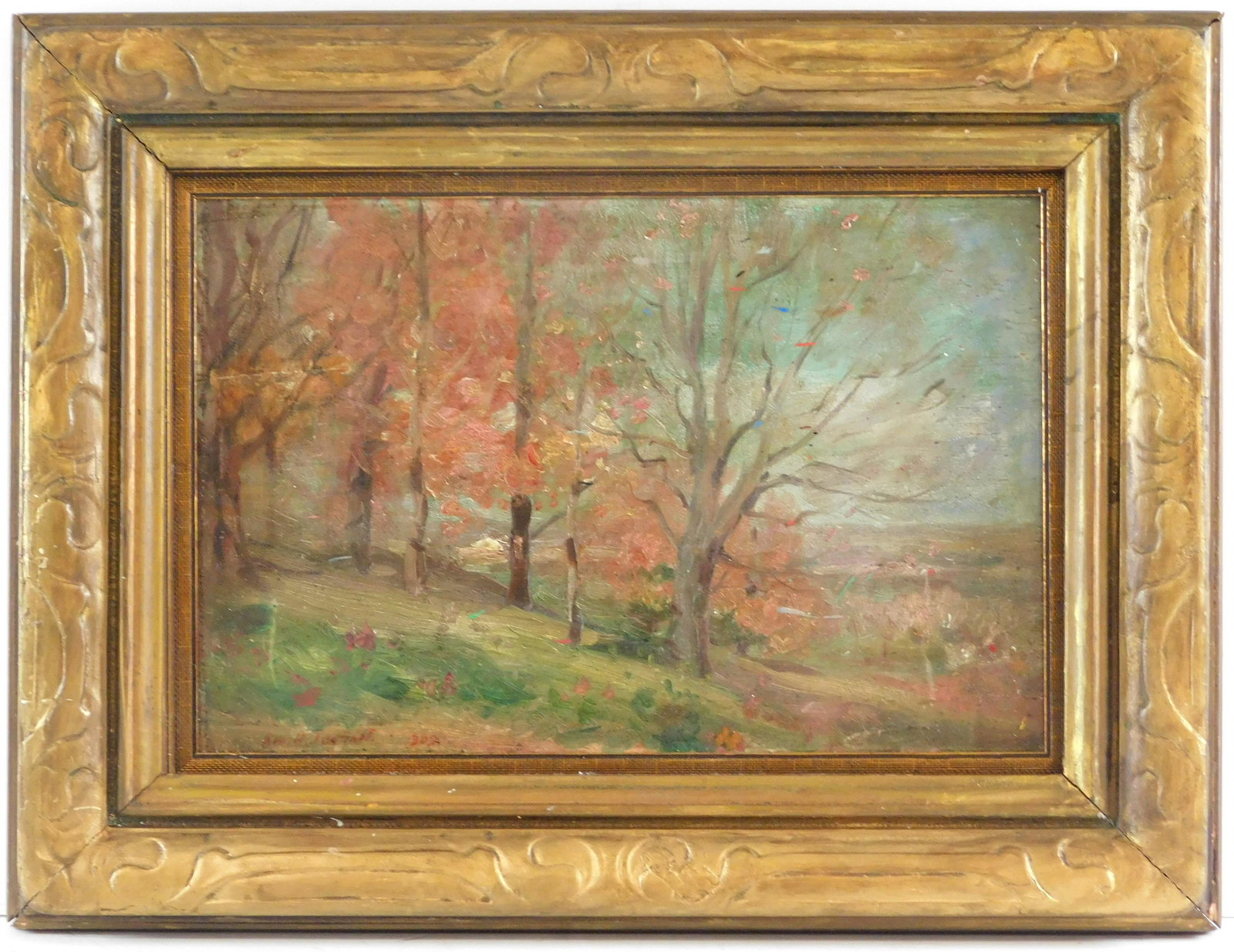 George Henry Taggart (American, 1865 - 1924) oil on panel, 1902, autumn landscape with line of trees (1 of 4)