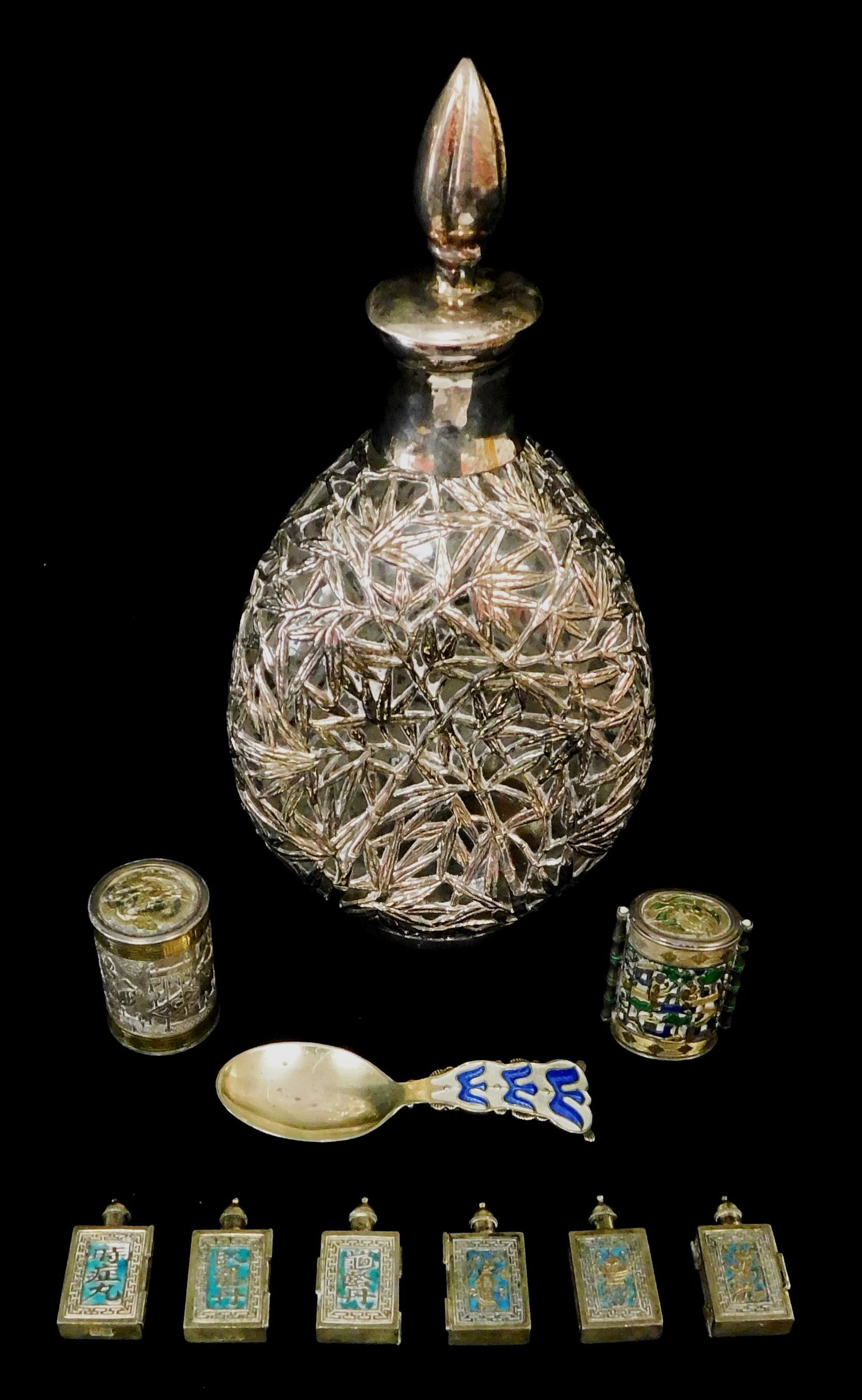 SILVER: Ten pieces of Asian motif items, all tested silver except overlay bottle, details include: (1 of 3)
