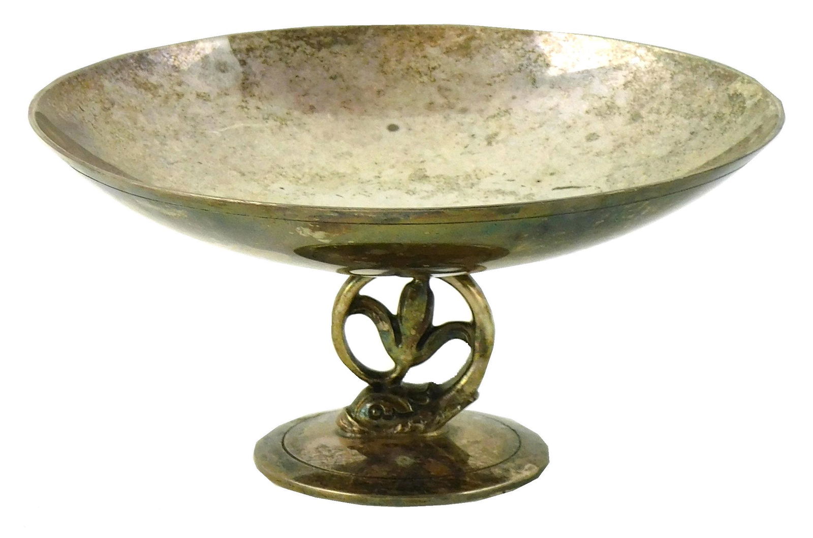 STERLING: Tiffany & Co. tazza/ compote, 1907-47, Art Nouveau design with pierced dolphin-form stem (1 of 4)