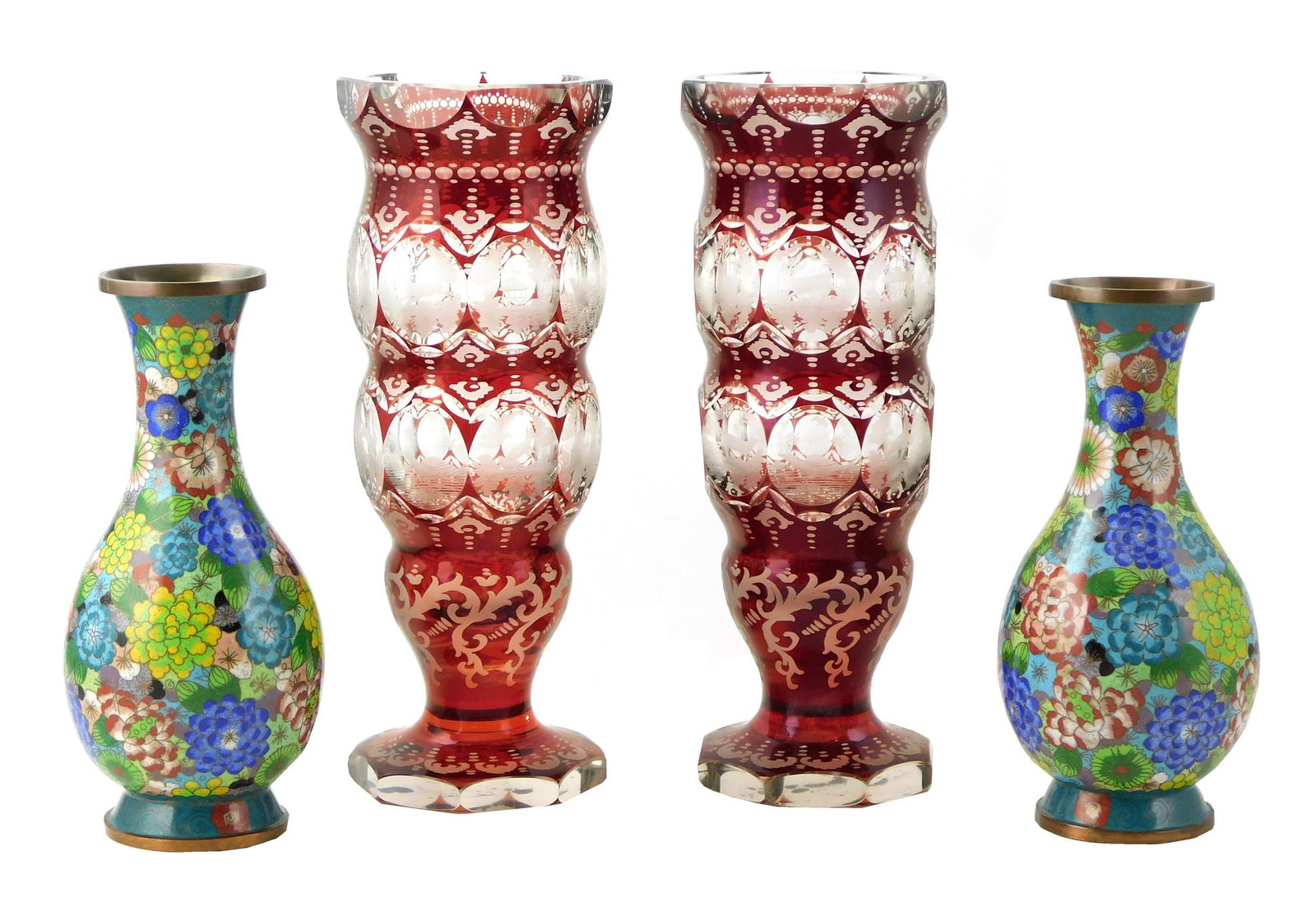 Four 20th C. decorative vases: a pair of cranberry to clear cut glass vases, small scenes of flora (1 of 3)